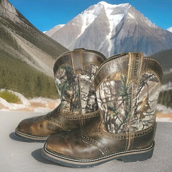 Justin Boots Youth Western Camo Boots Size 3D Brown Leather 4619JR Real Tree - Picture 1 of 9